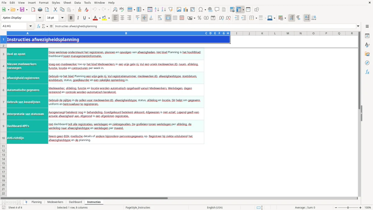 Captura de tela 4: Aba Instructies - Planilha Excel afwezigheidsplanning voorbeeld excel