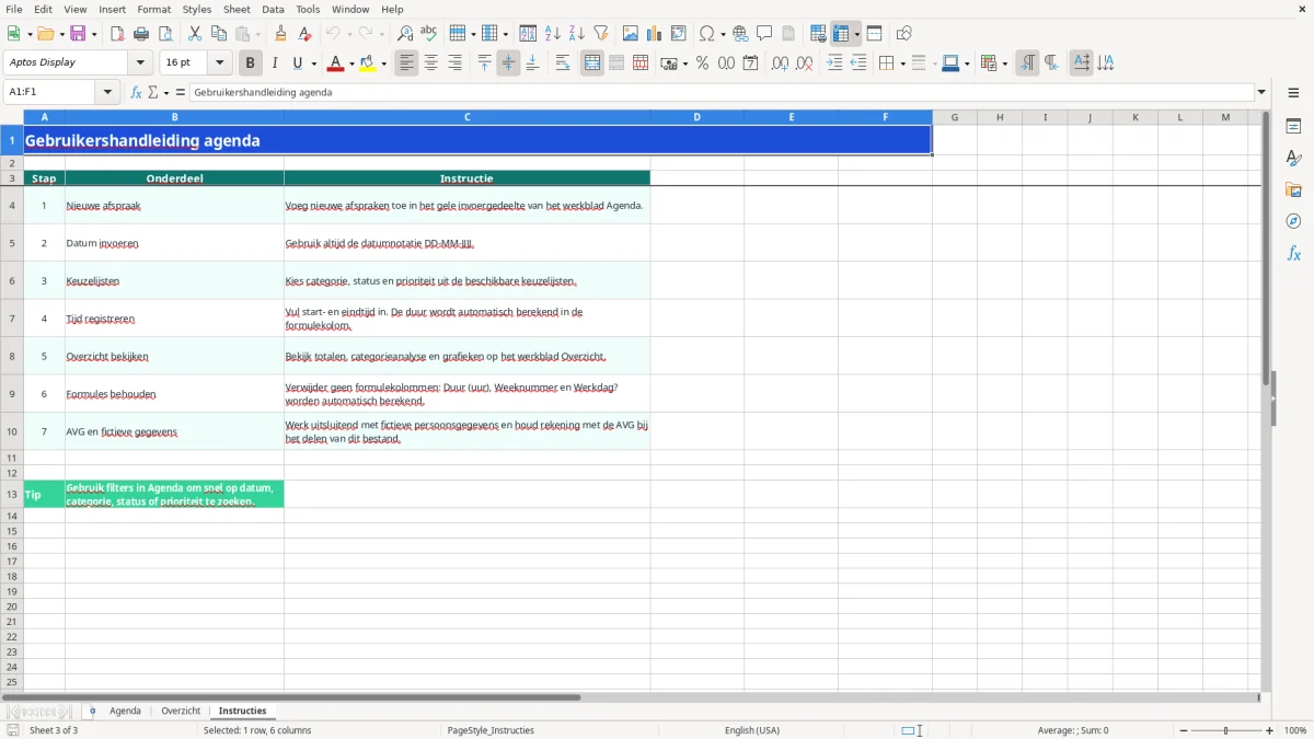 Captura de tela 3: Aba Instructies - Planilha Excel agenda voorbeeld excel