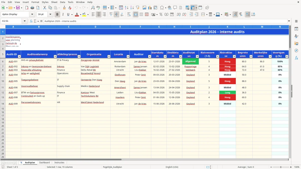 Captura de tela 1: Aba Auditplan - Planilha Excel auditplan voorbeeld excel
