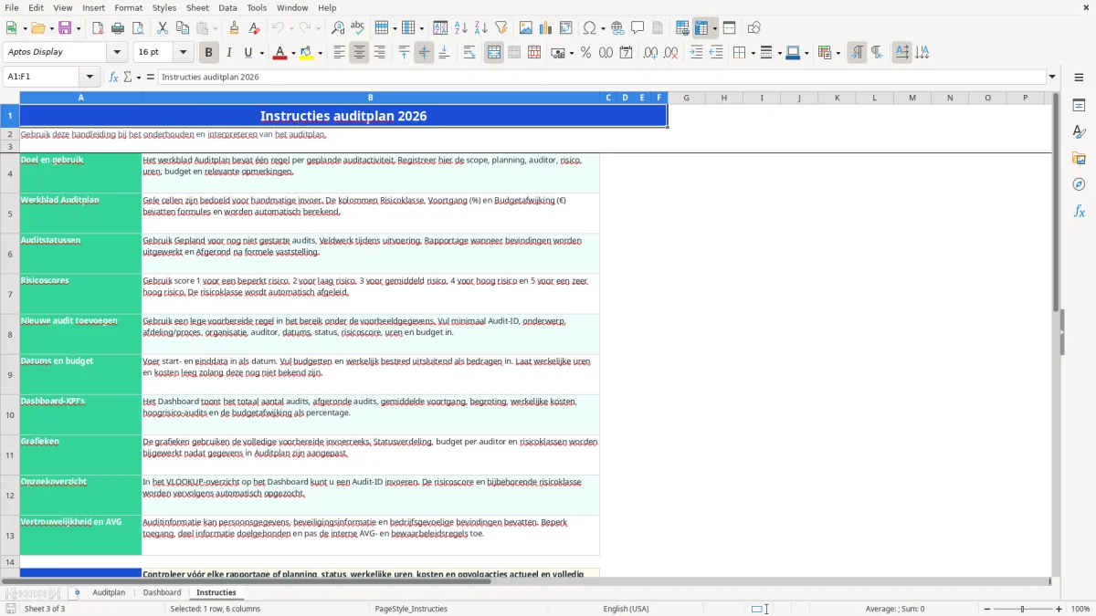 Captura de tela 3: Aba Instructies - Planilha Excel auditplan voorbeeld excel