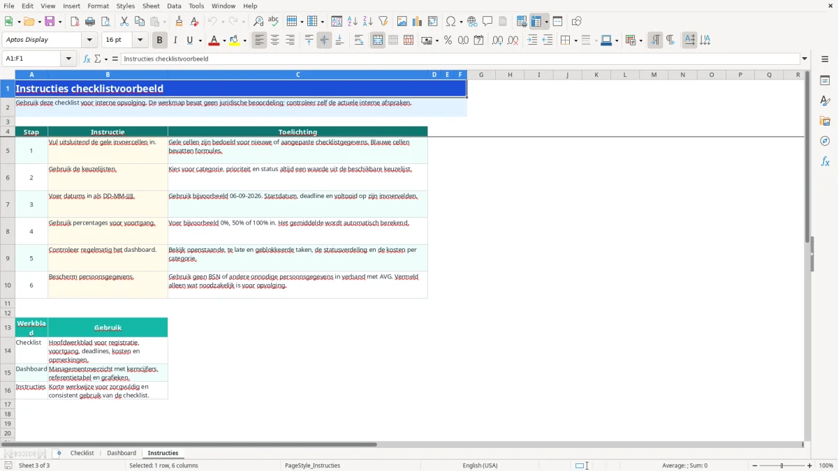 Captura de tela 3: Aba Instructies - Planilha Excel checklist voorbeeld excel