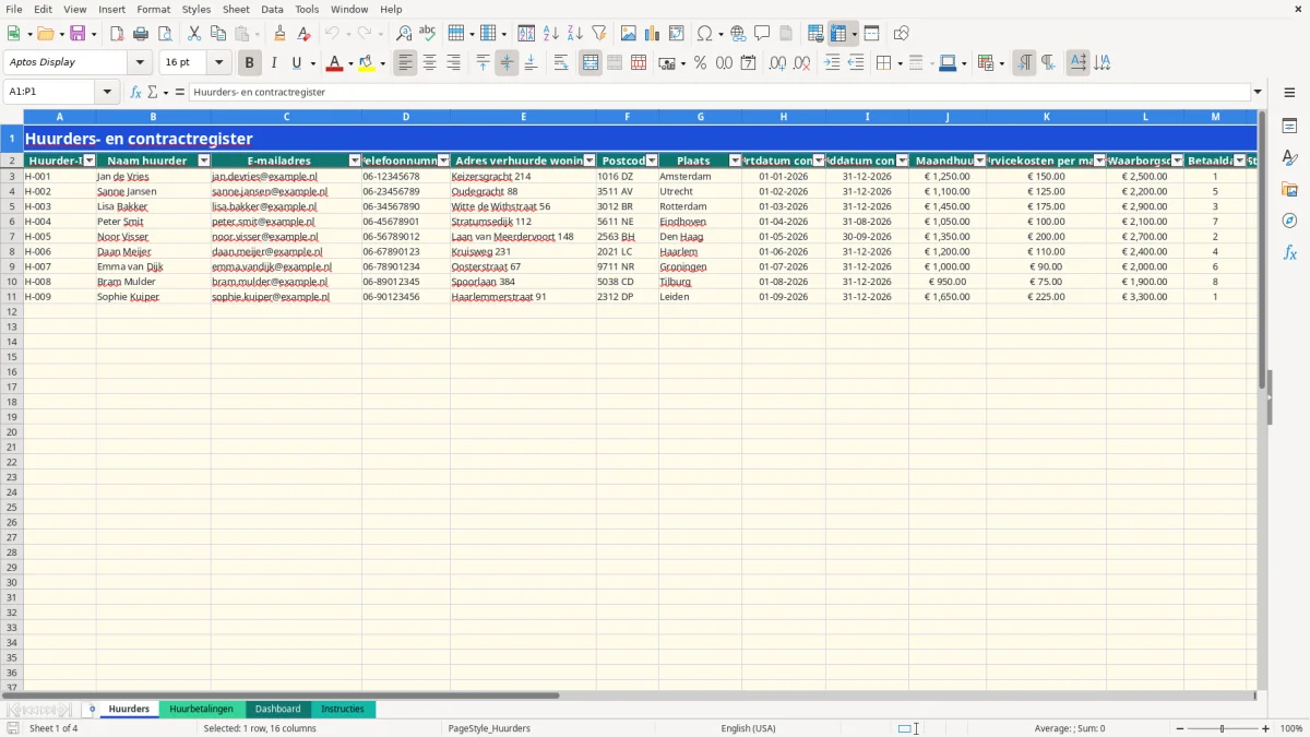 Captura de tela 1: Aba Huurders - Planilha Excel huuradministratie voorbeeld excel