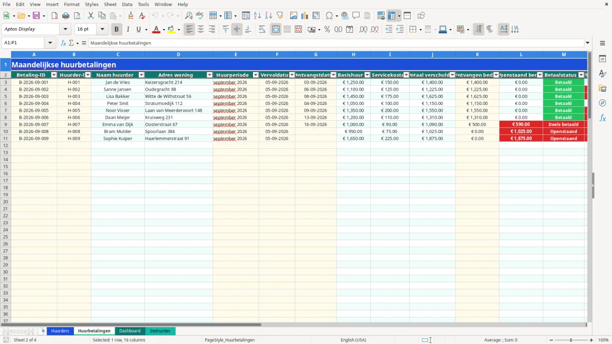 Captura de tela 2: Aba Huurbetalingen - Planilha Excel huuradministratie voorbeeld excel