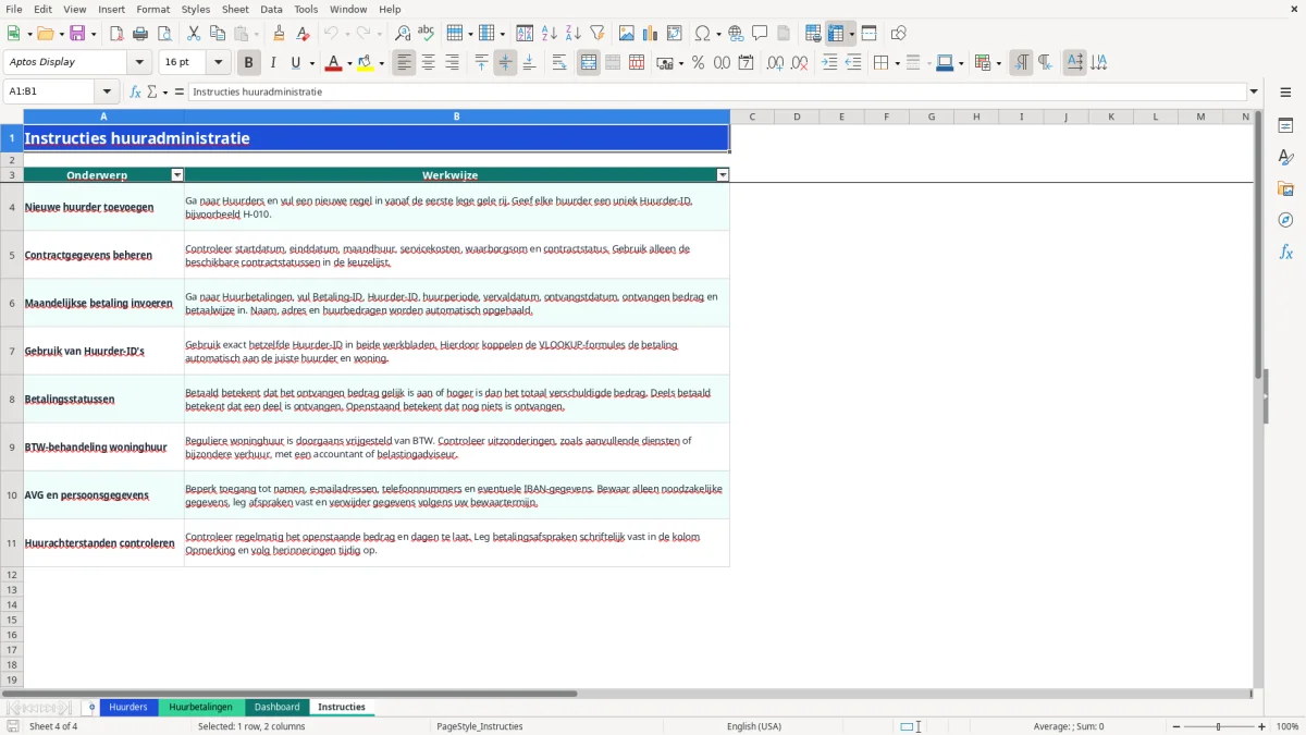 Captura de tela 4: Aba Instructies - Planilha Excel huuradministratie voorbeeld excel