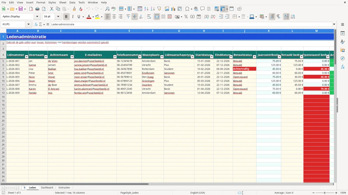 Captura de tela 1: Aba Leden - Planilha Excel ledenadministratie voorbeeld excel