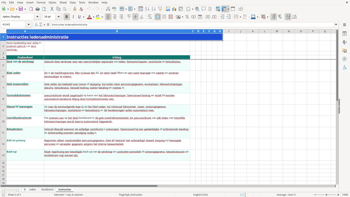 Captura de tela 3: Aba Instructies - Planilha Excel ledenadministratie voorbeeld excel