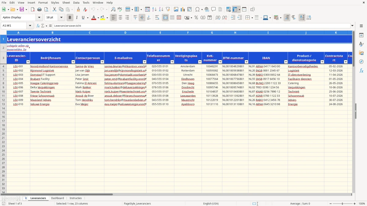 Captura de tela 1: Aba Leveranciers - Planilha Excel leveranciers overzicht voorbeeld excel