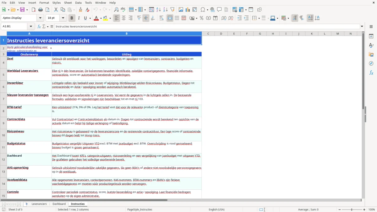 Captura de tela 3: Aba Instructies - Planilha Excel leveranciers overzicht voorbeeld excel