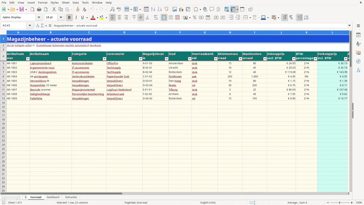 Captura de tela 1: Aba Voorraad - Planilha Excel magazijnbeheer voorbeeld excel