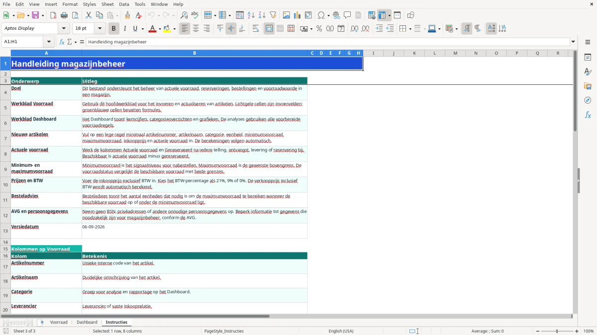 Captura de tela 3: Aba Instructies - Planilha Excel magazijnbeheer voorbeeld excel