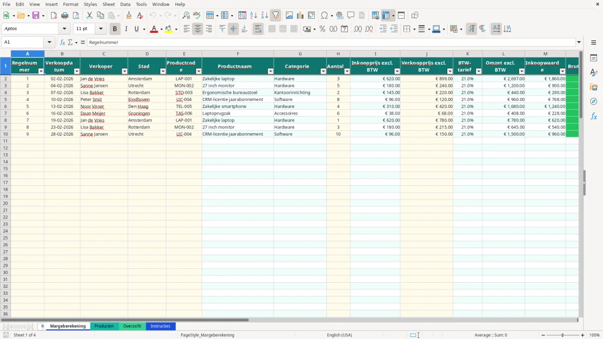 Captura de tela 1: Aba Margeberekening - Planilha Excel marge berekenen voorbeeld excel