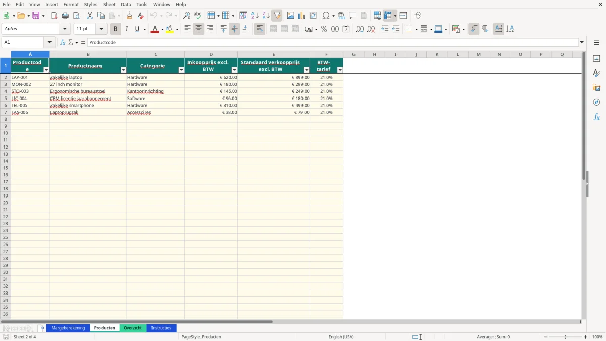 Captura de tela 2: Aba Producten - Planilha Excel marge berekenen voorbeeld excel