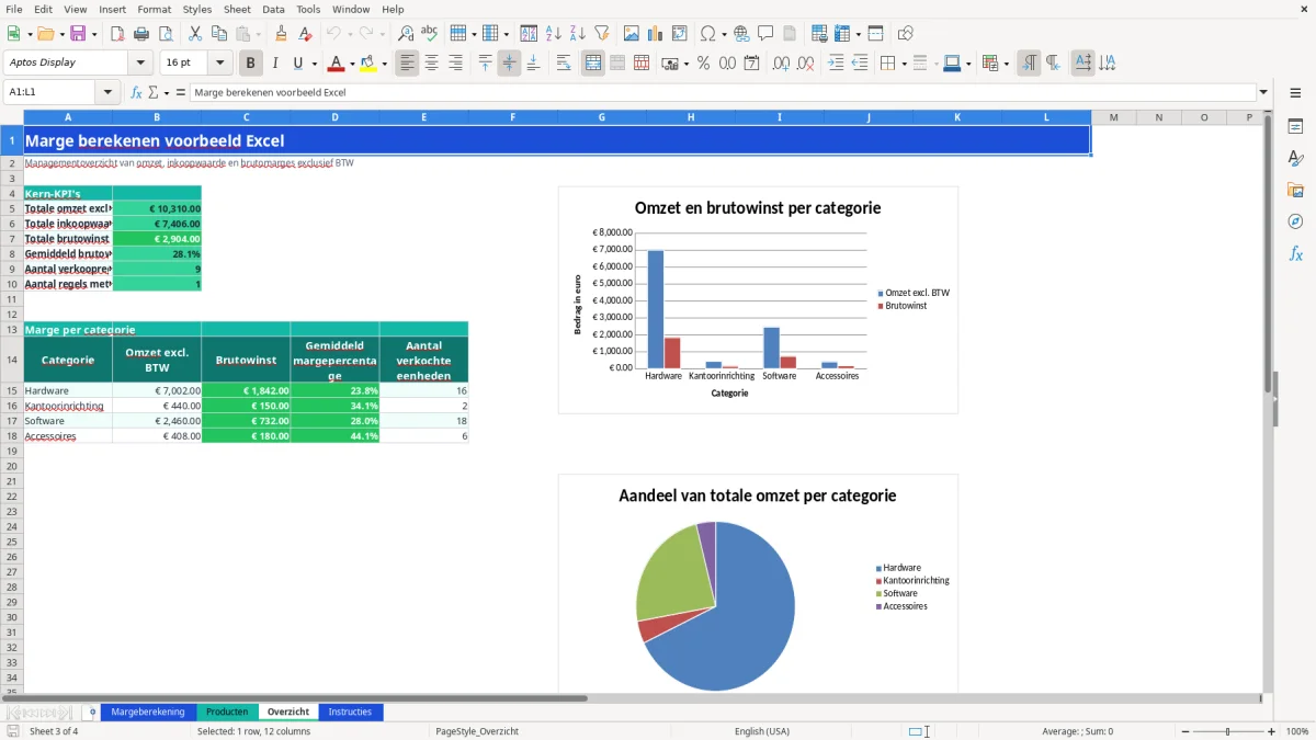 Captura de tela 3: Aba Overzicht - Planilha Excel marge berekenen voorbeeld excel
