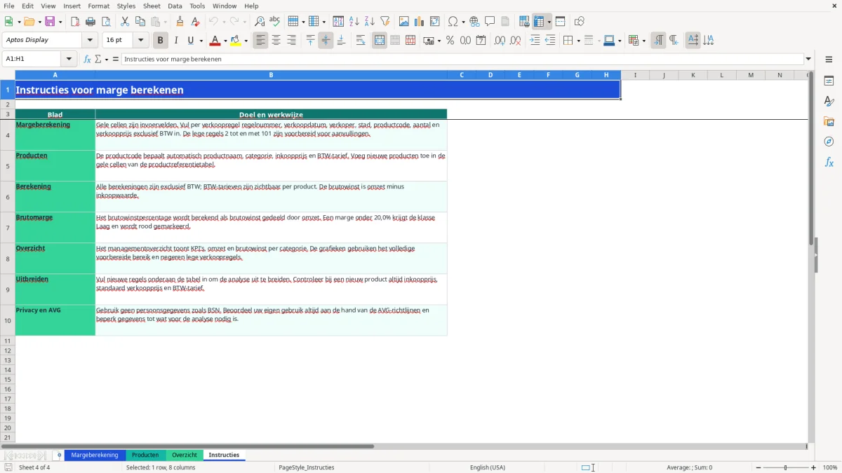 Captura de tela 4: Aba Instructies - Planilha Excel marge berekenen voorbeeld excel