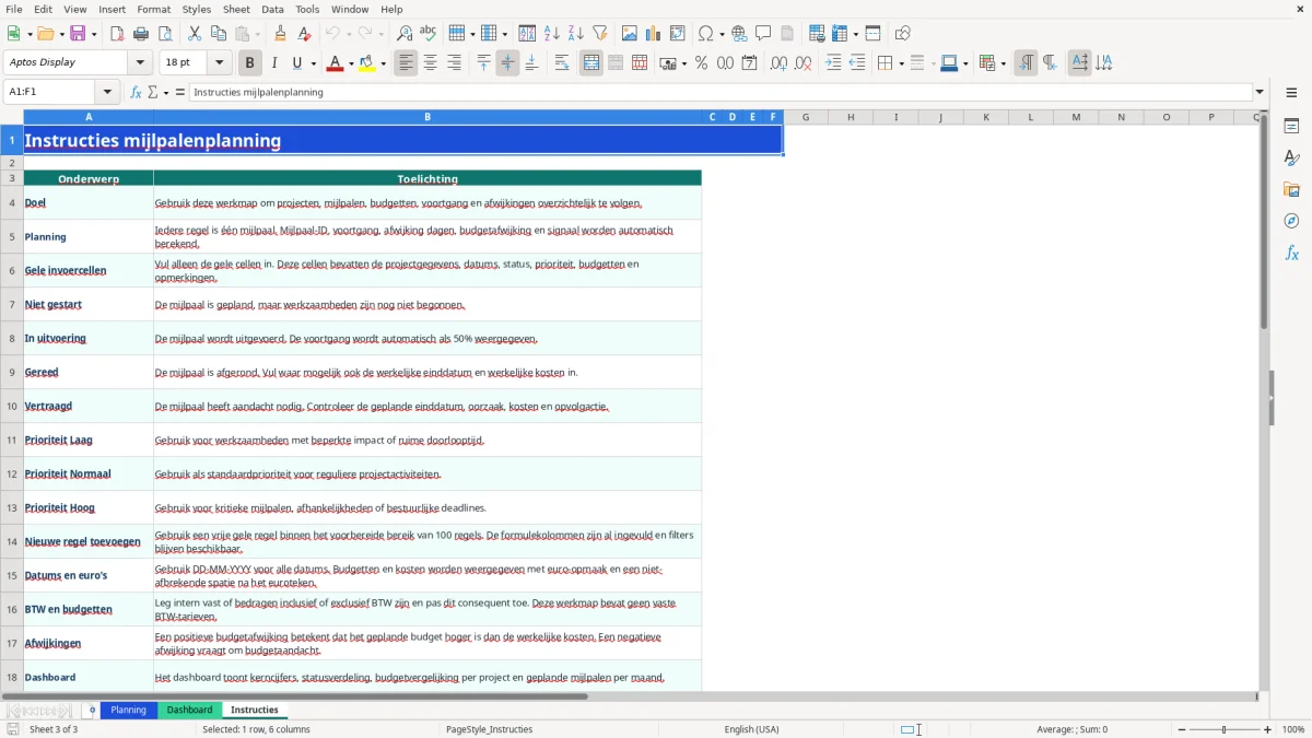Captura de tela 3: Aba Instructies - Planilha Excel mijlpalenplanning voorbeeld excel
