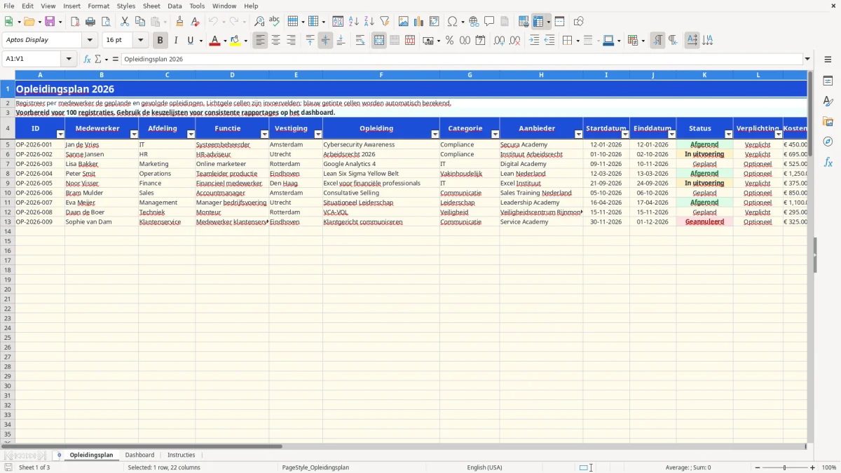 Captura de tela 1: Aba Opleidingsplan - Planilha Excel opleidingsplan voorbeeld excel