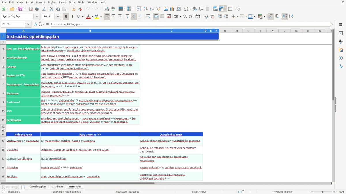 Captura de tela 3: Aba Instructies - Planilha Excel opleidingsplan voorbeeld excel