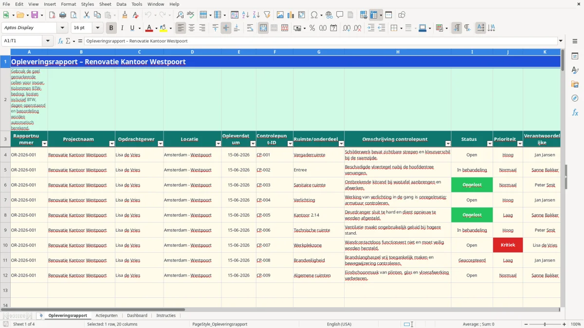 Captura de tela 1: Aba Opleveringsrapport - Planilha Excel opleveringsrapport voorbeeld excel