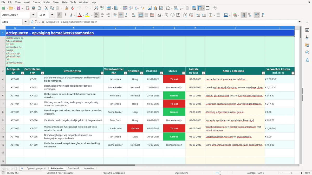 Captura de tela 2: Aba Actiepunten - Planilha Excel opleveringsrapport voorbeeld excel