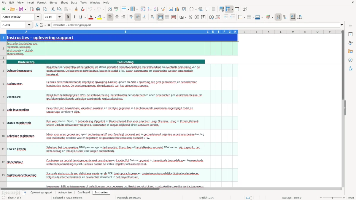 Captura de tela 4: Aba Instructies - Planilha Excel opleveringsrapport voorbeeld excel
