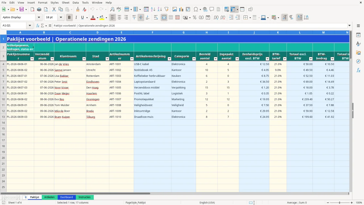 Captura de tela 1: Aba Paklijst - Planilha Excel paklijst voorbeeld excel