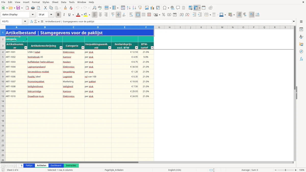 Captura de tela 2: Aba Artikelen - Planilha Excel paklijst voorbeeld excel