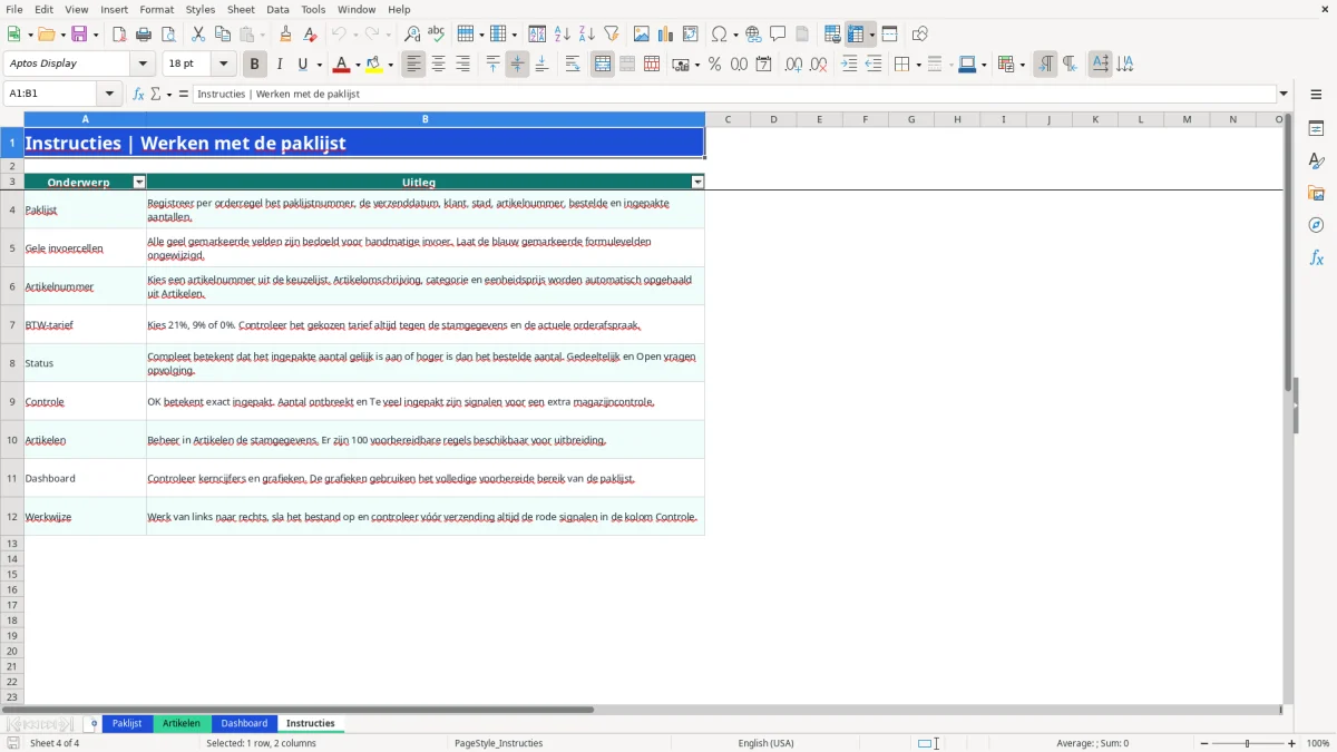Captura de tela 4: Aba Instructies - Planilha Excel paklijst voorbeeld excel