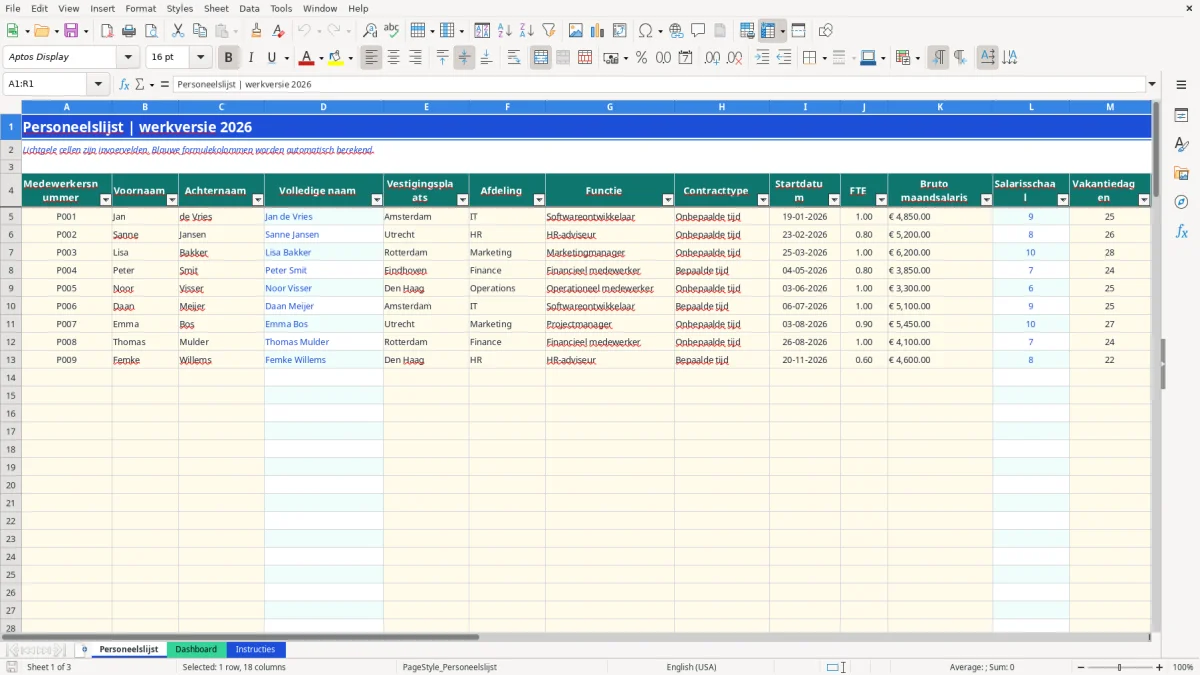Captura de tela 1: Aba Personeelslijst - Planilha Excel personeelslijst voorbeeld excel