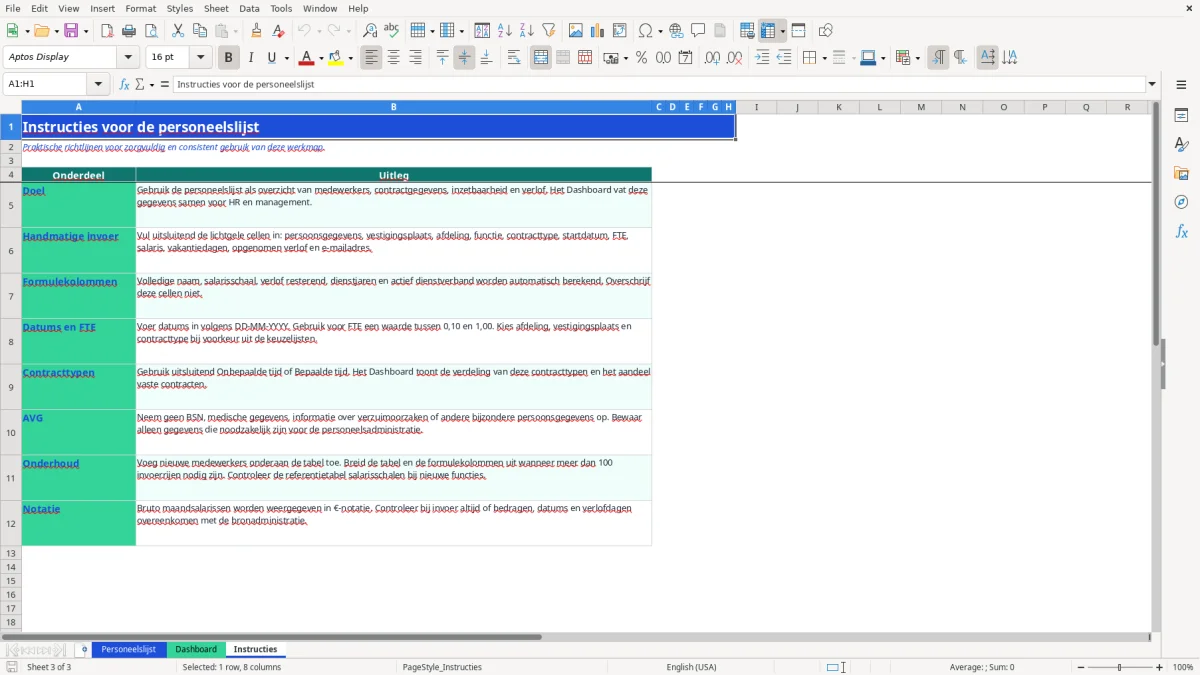 Captura de tela 3: Aba Instructies - Planilha Excel personeelslijst voorbeeld excel