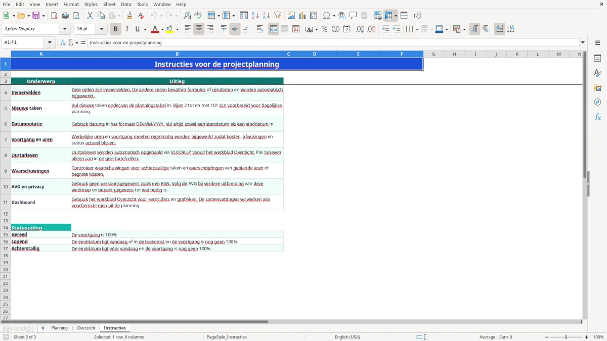 Captura de tela 3: Aba Instructies - Planilha Excel planning voorbeeld excel