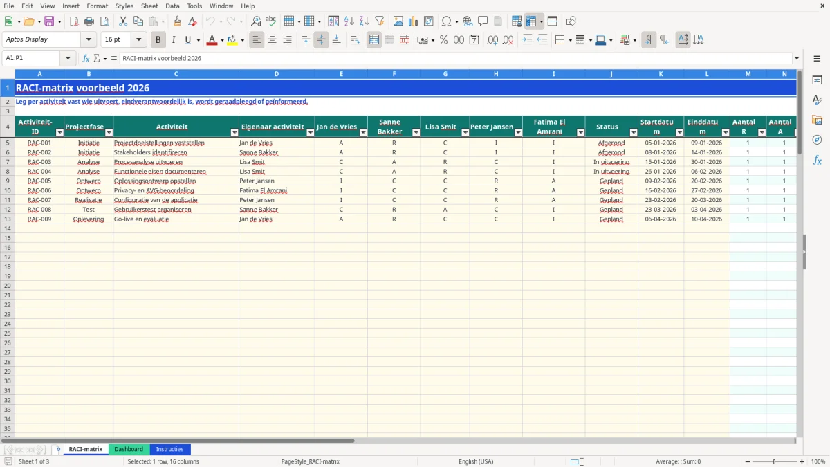 Captura de tela 1: Aba RACI-matrix - Planilha Excel raci matrix voorbeeld excel