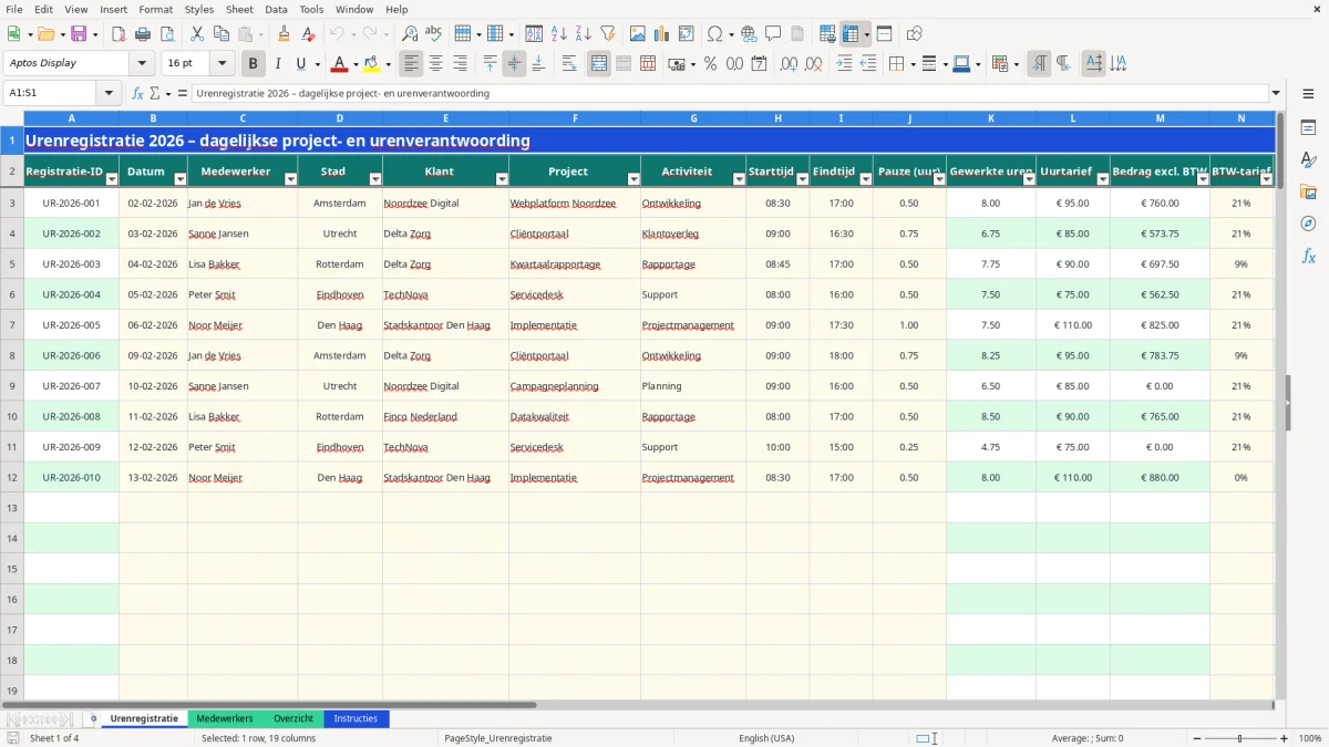Captura de tela 1: Aba Urenregistratie - Planilha Excel urenregistratie voorbeeld excel