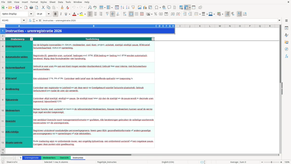 Captura de tela 4: Aba Instructies - Planilha Excel urenregistratie voorbeeld excel