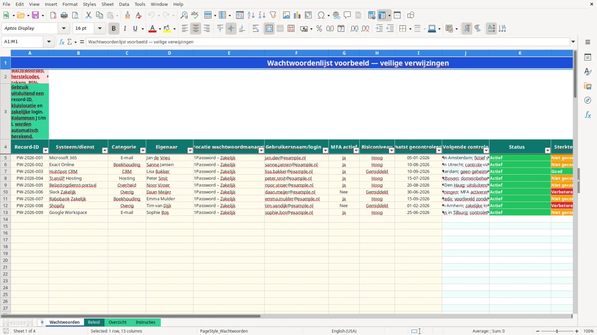 Captura de tela 1: Aba Wachtwoorden - Planilha Excel wachtwoorden lijst voorbeeld excel