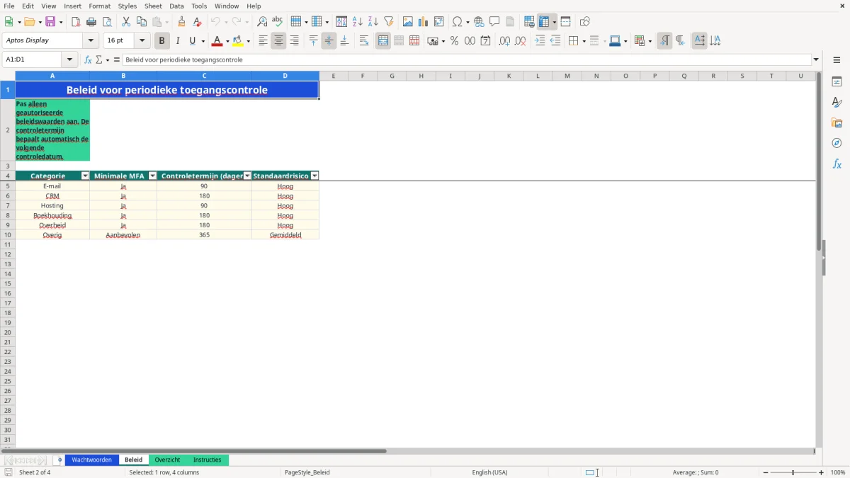 Captura de tela 2: Aba Beleid - Planilha Excel wachtwoorden lijst voorbeeld excel
