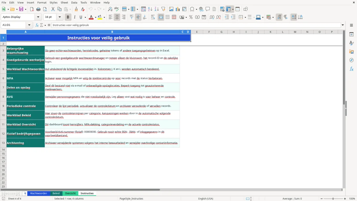 Captura de tela 4: Aba Instructies - Planilha Excel wachtwoorden lijst voorbeeld excel